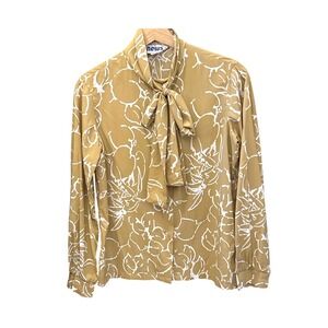 Vintage News Blouse Neck Tie Mustard Yellow Floral Officecore Retro Secretary